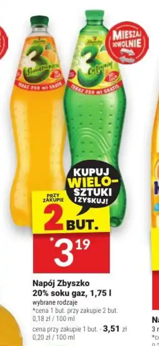 Twój Market Napój Zbyszko 20% soku gaz, 1,75 l oferta