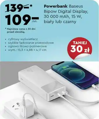 Biedronka Powerbank Baseus Bipow Digital Display, 30 000 mAh, 15 W, biały lub czarny oferta