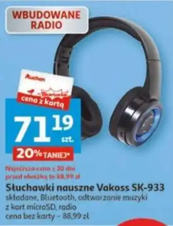 Auchan Słuchawki nauszne Vakoss SK-933 składane, Bluetooth, odtwarzanie muzyki oferta