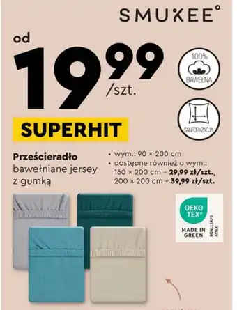 Biedronka SMUKEE Prześcieradło bawełniane jersey z gumką wym.: 90 x 200cm oferta