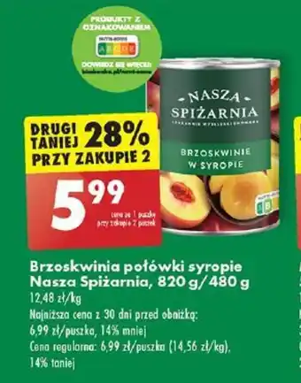 Biedronka Brzoskwinia połówki syropie Nasza Spiżarnia, 820 g/480 g oferta