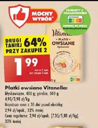 Biedronka Płatki owsiane Vitanella: błyskawiczne, 400 g oferta