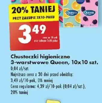 Biedronka Chusteczki higieniczne 3-warstwowe Queen, 10x10 szt. Queen, 150 szt. oferta