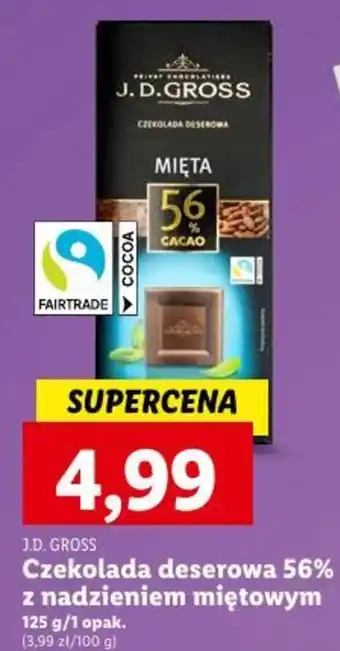 Lidl J.D. GROSS Czekolada deserowa 56% z nadzieniem miętowym 125g oferta