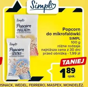 Carrefour Popcorn de MIKROFALOWKI Simply 100g oferta