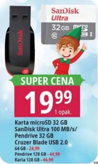 E.Leclerc Karta microSD 32 GB SanDisk Ultra 100 MB/s/ Pendrive 128 GB-44,99 oferta