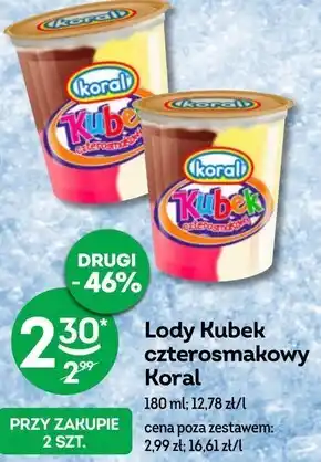 Żabka Koral kubek lody o smaku śmietankowo-cytrynowo-truskawkowo-czekoladowym 180 ml oferta