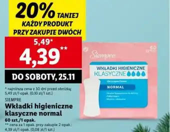 Lidl SIEMPRE Wkładki higieniczne klasyczne normal 60szt oferta