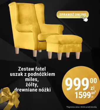 Biedronka Zestaw fotel uszak z podnóżkiem miles, żółty, drewniane nóżki oferta