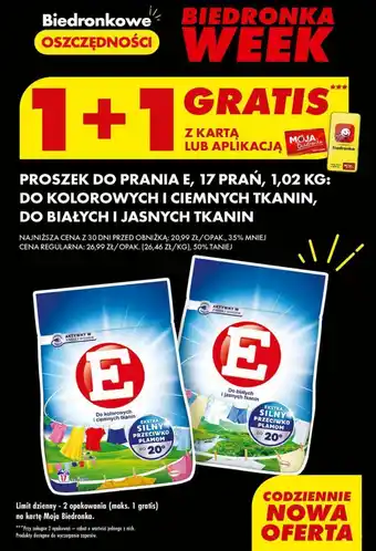 Biedronka PROSZEK DO PRANIA E, 17 PRAŃ, 1,02 KG: DO KOLOROWYCH I CIEMNYCH TKANIN, DO BIAŁYCH I JASNYCH TKANIN oferta