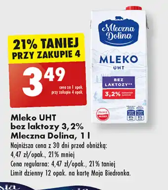 Biedronka Mleko UHT bez laktozy 3,2% Mleczna Dolina, 1l oferta