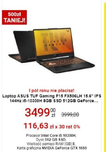 Media Expert Laptop Asus TUF Gaming F15 FX506LH 15.6" IPS 144Hz i5-10300H 8GB S SD 512GB GeForce oferta