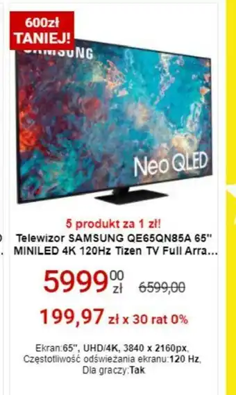 Media Expert Telewizor Samsung QE65QN85A 65" MINILED 4K 120Hz Tizen TV Full Arra... oferta