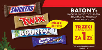 Biedronka BATONY: SNICKERS, 50-75 G; TWIX, 50-75 G; BOUNTY, 57 G; MILKYWAY CRISPY ROLLS, 22,5 G oferta