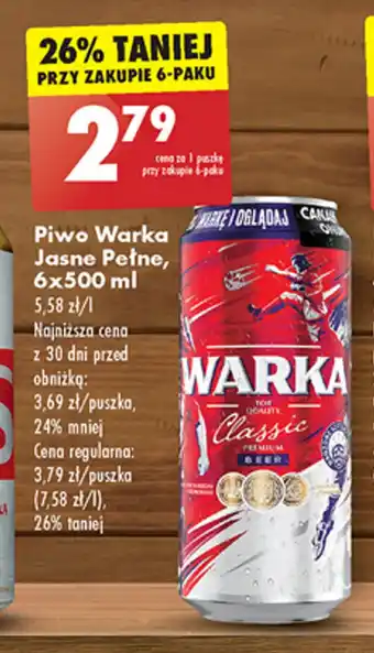 Biedronka Piwo Warka Jasne Pełne, 6 x 500 ml oferta