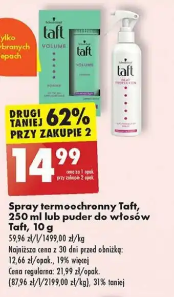 Biedronka Spray termoochronny Taft, 250 ml lub puder do włosów Taft, 10 g oferta