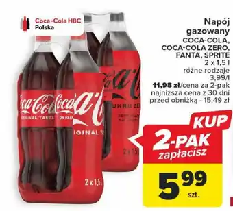 Carrefour Napój gazowany COCA COLA COCA COLA ZERO FANTA SPRITE 2x1,5l oferta