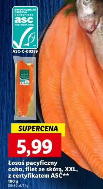 Lidl Łosoś pacyficzny coho, filet ze skórą, XXL, z certyfikatem ASC** 100 g oferta