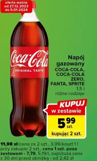 Carrefour Express Napój gazowany COCA-COLA, COCA-COLA ZERO, FANTA, SPRITE 1,5l oferta