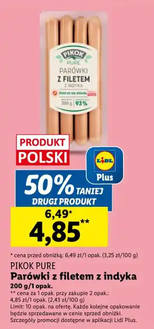 Lidl PIKOK PURE Parówki z filetem z indyka 200 g oferta
