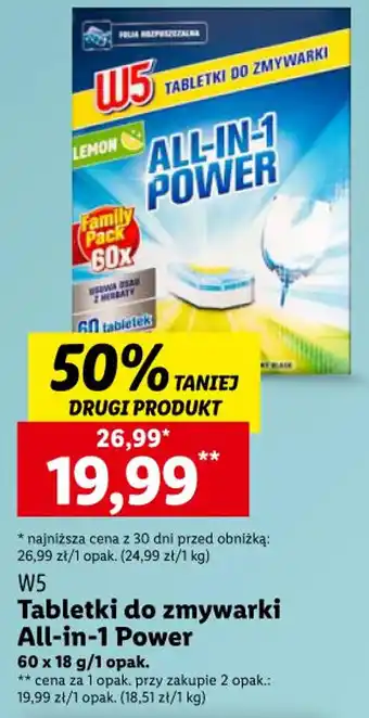 Lidl W5 Tabletki do zmywarki All in 1 Power 60x18g oferta