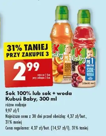 Biedronka Sok 100% lub sok + woda Kubuś Baby, 300 ml oferta