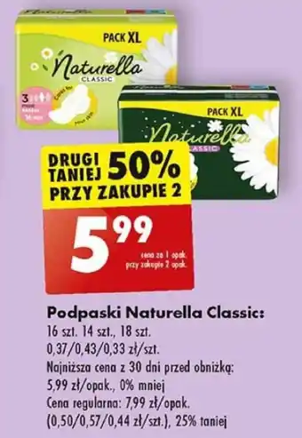 Biedronka Podpaski Naturella Classic: 14-18 szt. oferta
