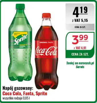 Napój gazowany: Coca Cola, Fanta, Sprite 0,85 l