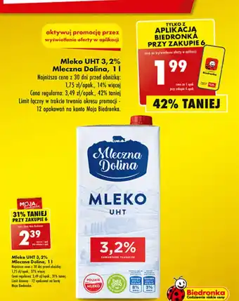 Biedronka Mleko UHT 3,2% Mleczna Dolina, 1l oferta
