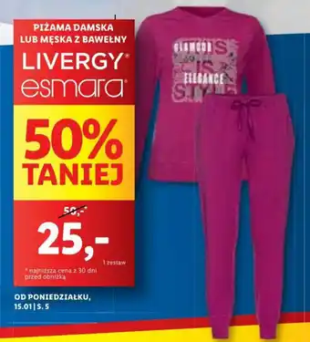 Lidl PIŻAMA DAMSKA LUB MĘSKA Z BAWEŁNY LIVERGY esmara oferta