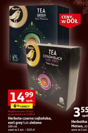 Auchan Herbata czarna cejlońska, earl grey lub zielona 100 szt. oferta