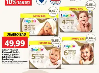 Lidl LUPILU PREMIUM Pieluszki 3 midi, 4 maxi, 5 junior lub 6 extra large, jumbo bag 76-108 szt. oferta