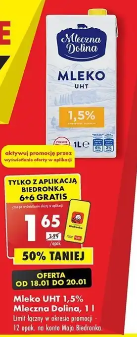 Biedronka Mleko UHT 1,5% Mleczna Dolina, 1 l oferta