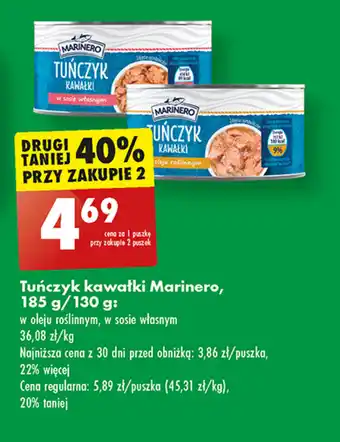 Biedronka Tuńczyk kawałki Marinero, 185 g/130 g oferta