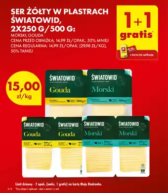 Biedronka SER ŻÓŁTY W PLASTRACH ŚWIATOWID, 2x250 g/ 500 g oferta