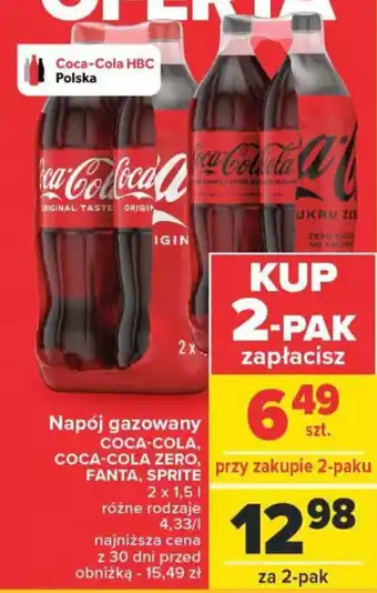 Carrefour Napój gazowany COCA COLA COCA COLA ZERO FANTA SPRITE 2x1,5l oferta