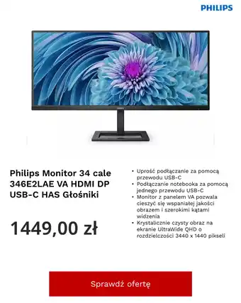 Alsen Philips Monitor 34 cale 346E2LAE VA HDMI DP USB-C HAS Głośniki oferta