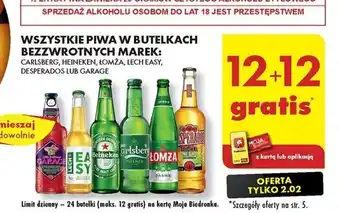 Biedronka WSZYSTKIE PIWA W BUTELKACH BEZZWROTNYCH MAREK: CARLSBERG, HEINEKEN, ŁOMŻA, LECH EASY, DESPERADOS LUB GARAGE oferta