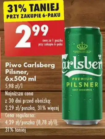 Biedronka Piwo Carlsberg Pilsner 6 x 500 ml oferta