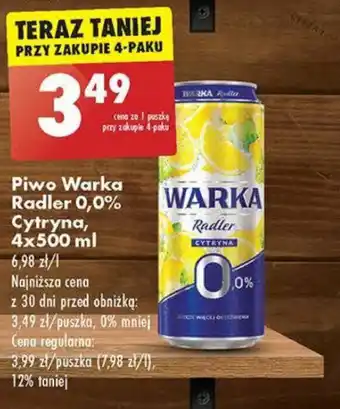 Biedronka Piwo Warka Radler 0,0% Cytryna, 4x500 ml oferta
