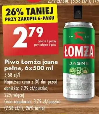 Biedronka Piwo Łomża jasne pełne, 6 x 500 ml oferta