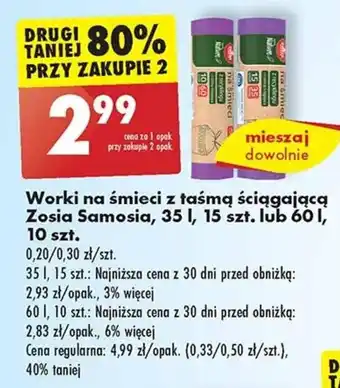 Biedronka Worki na śmieci z taśmą ściągającą Zosia Samosia, 35 l, 15 szt. lub 60 l, 10 szt. oferta