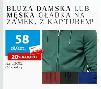 Auchan BLUZA DAMSKA LUB MESKA GŁADKA NA ZAMEK, Z KAPTUREM oferta