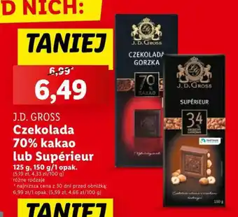 Lidl J.D. GROSS Czekolada 70% kakao lub Supérieur 125-150g oferta