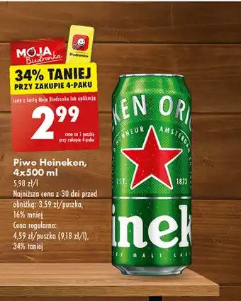 Biedronka Piwo Heineken, 4x500 ml oferta