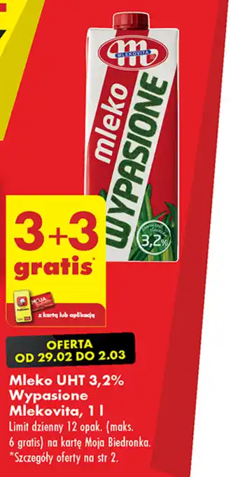 Biedronka Mleko UHT 3,2% Wypasione Mlekovita, 1 L 3+3 gratis oferta