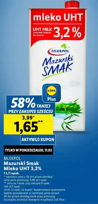 Lidl MLEKPOL Mazurski Smak Mleko UHT 3,2% 1 l oferta