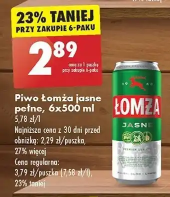 Biedronka Piwo Łomża jasne pełne, 6x500 ml oferta