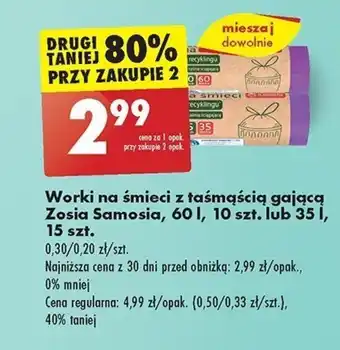 Biedronka Worki na śmieci z taśmąścią gającą Zosia Samosia, 60 I, 10 szt. lub 351, 15 szt. oferta
