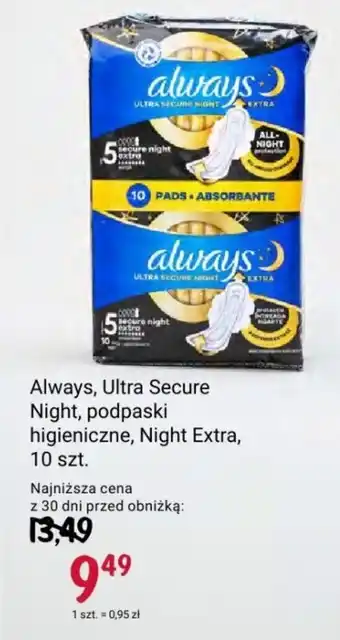 Rossmann Always, Ultra Secure Night, podpaski higieniczne, Night Extra, 10 szt. oferta